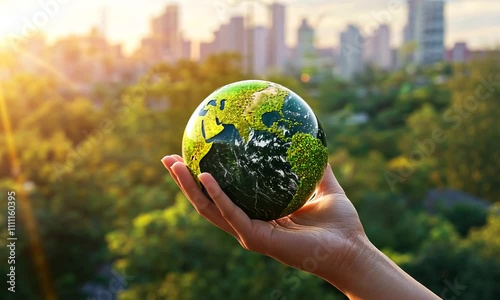 Protecting Our Planet: A Hand Holding the Earth Against a Cityscape