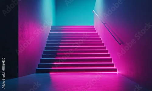 A modern staircase illuminated with vibrant pink and blue neon lights against a minimalistic background