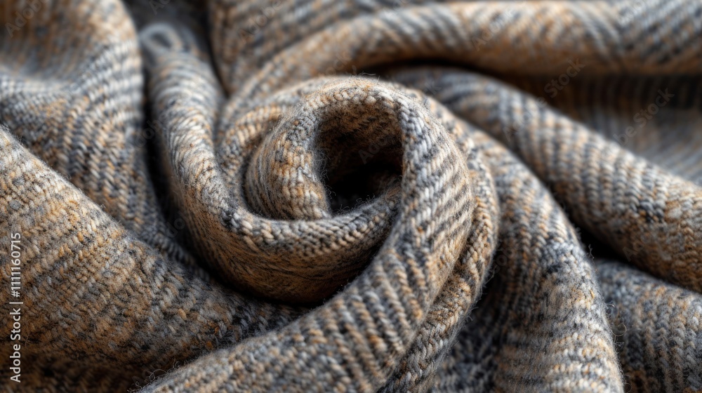 Fototapeta premium Close-up of textured, gray and beige herringbone fabric swirled.