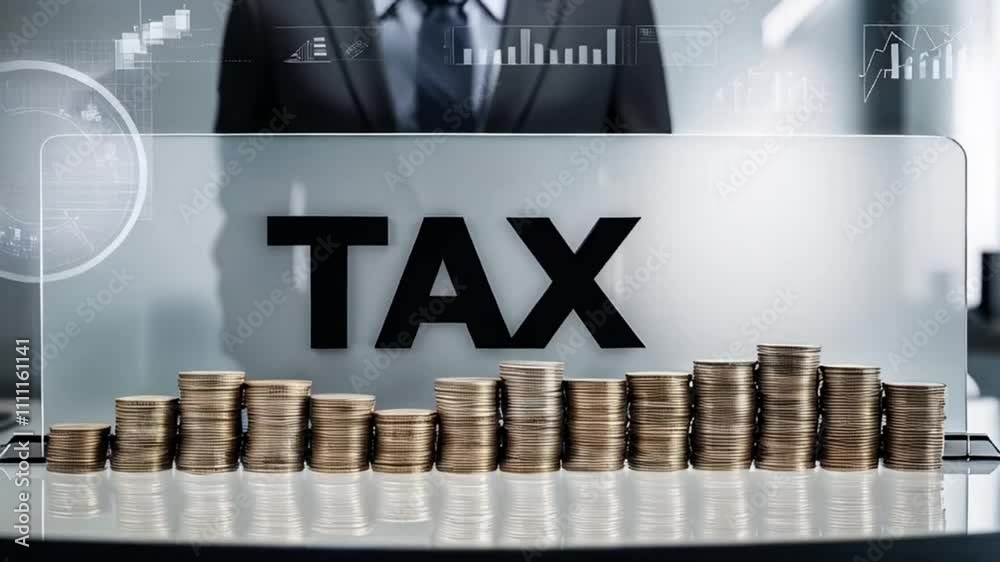 Stacks of coins, TAX inscription, business background

