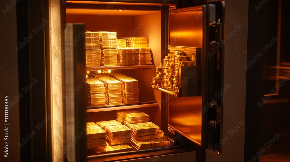 A luxurious safe filled with gold bars and stacks, radiating a warm glow. A luxurious safe filled with gold bars and stacks, radiating a warm glow.