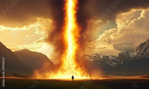 A Solitary Figure Contemplates a Fiery Celestial Event Amidst Majestic Mountains