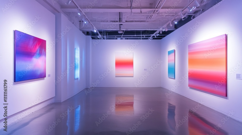 Modern art gallery, colorful abstract paintings.