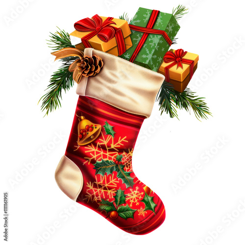 Christmas stocking with gifts, isolated on transparent background. PNG element.