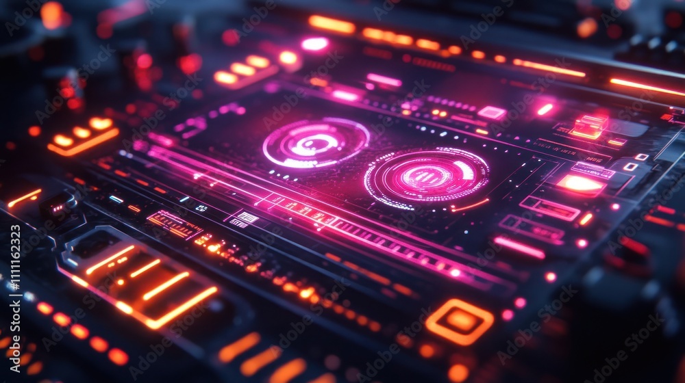 Futuristic interface with glowing neon lights and digital displays. Futuristic interface with glowing neon lights and digital displays.