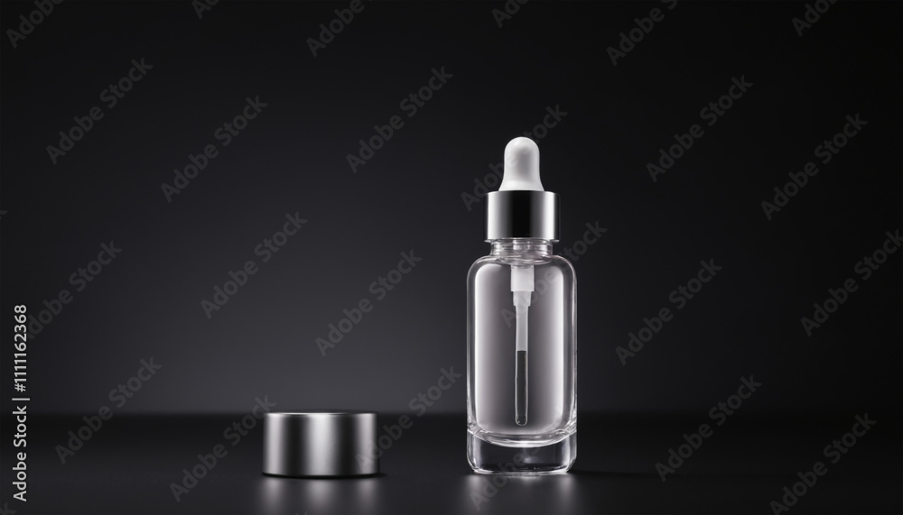 dropper bottle product packaging for beauty and skincare on dark background, spotlight on subject dropper bottle product packaging for beauty and skincare on dark background, spotlight on subject