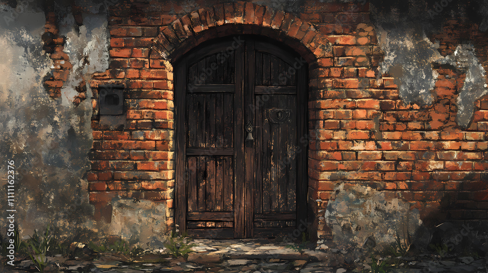 An aged wooden doorway framed by weathered brick walls, inviting exploration with its rustic charm and mysterious allure. Rustic. Illustration An aged wooden doorway framed by weathered brick walls, inviting exploration with its rustic charm and mysterious allure. Rustic. Illustration