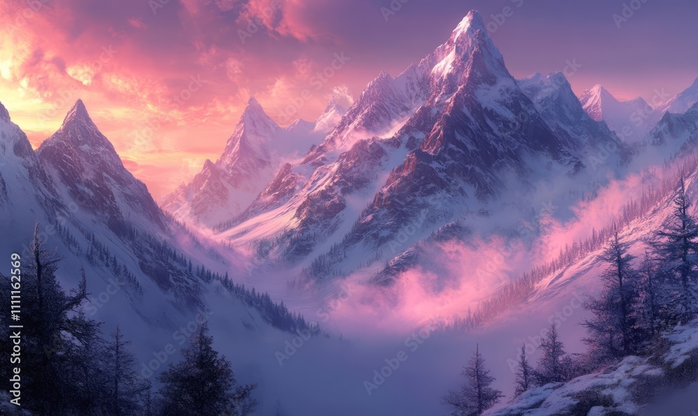 A majestic mountain range covered in snow, basking in the soft pink and purple hues of dawn, with misty clouds floating gently around the peaks, creating a serene and ethereal landscape. A majestic mountain range covered in snow, basking in the soft pink and purple hues of dawn, with misty clouds floating gently around the peaks, creating a serene and ethereal landscape.