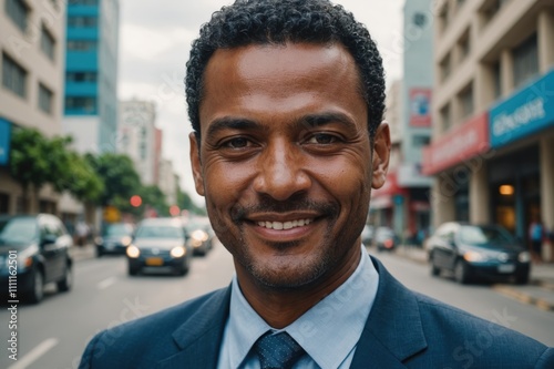 Close portrait of a smiling 40s Belizean businessman looking at the camera, Belizean big city outdoors blurred background photo