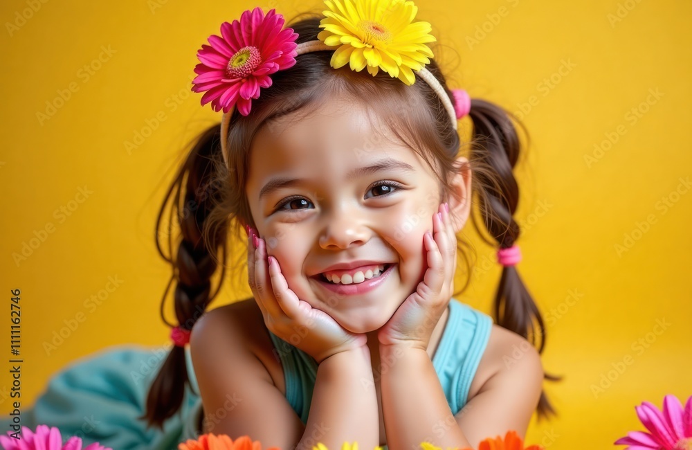 Smiling girl with flowers in hair rests head on hands against yellow background. Looks happy, cheerful. Colorful flowers surround. Delightful image for summer birthday event. Studio portrait with Smiling girl with flowers in hair rests head on hands against yellow background. Looks happy, cheerful. Colorful flowers surround. Delightful image for summer birthday event. Studio portrait with
