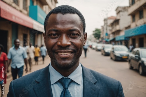 Close portrait of a smiling 40s Beninese businessman looking at the camera, Beninese big city outdoors blurred background