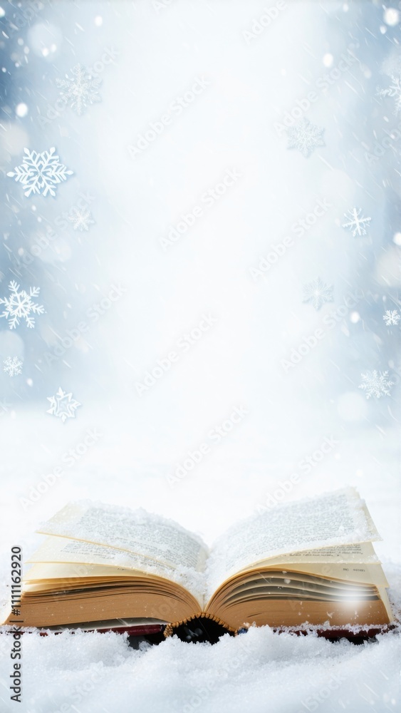 Snowy scene with open book in snow covered area with snowflakes