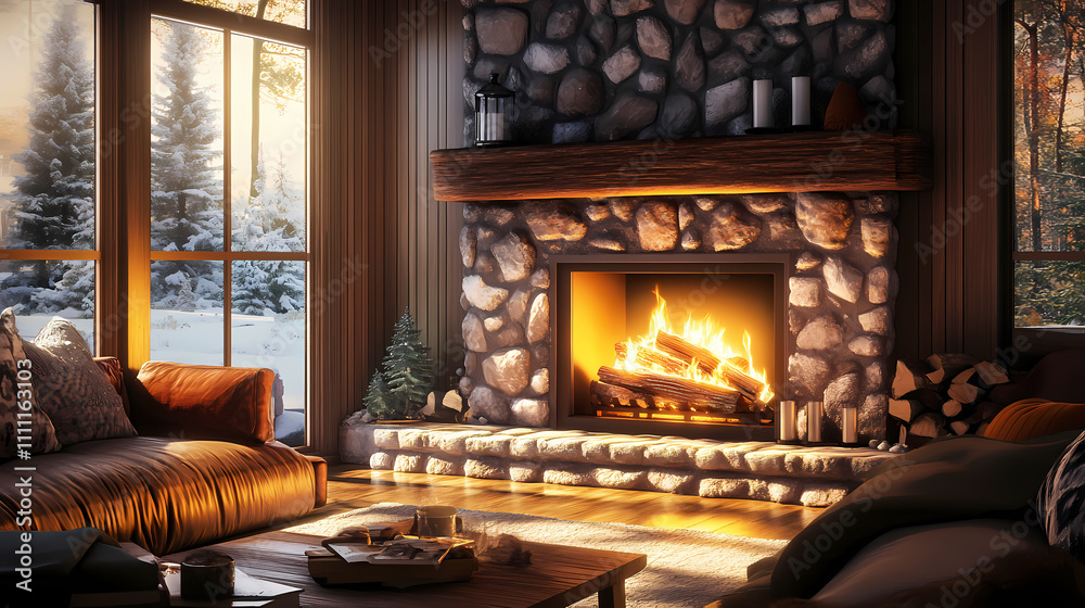 Cozy winter ambiance with warm golden light emanating from a realistic gas log fireplace surrounded by rustic stone and dark wood mantel in a serene living room. Rustic. Illustration Cozy winter ambiance with warm golden light emanating from a realistic gas log fireplace surrounded by rustic stone and dark wood mantel in a serene living room. Rustic. Illustration