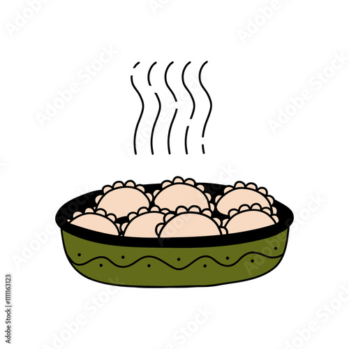 Dumplings in a plate in doodle style. National russian food in a green dish. Hand drawn illustration isolated on white background.