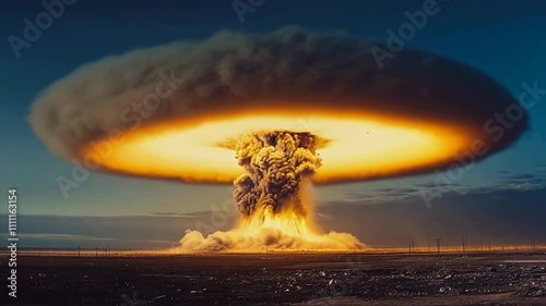 A breathtaking nuclear explosion in a desolate, open landscape. High quality 4k footage photo