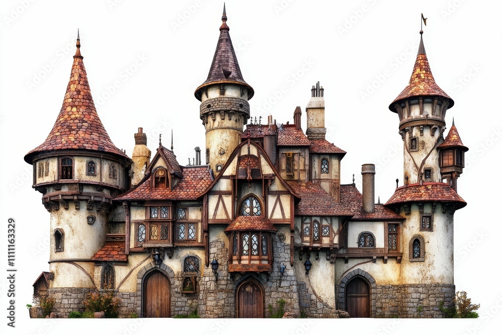 Fairytale castle, stone, towers, red roofs, aged. Fairytale castle, stone, towers, red roofs, aged.