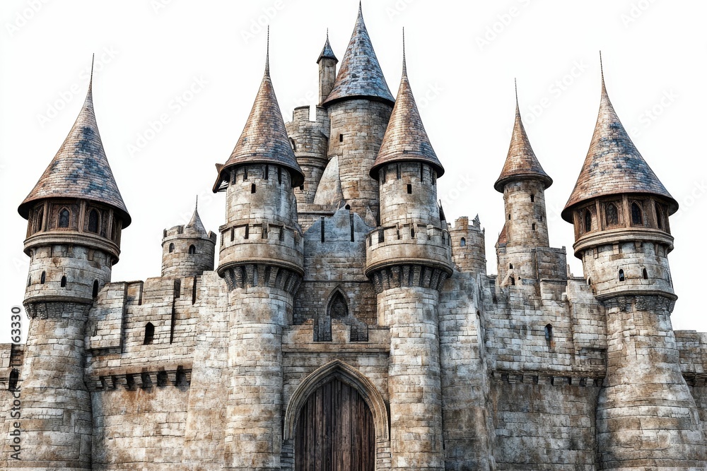 Stone castle facade, multiple towers, arched entryway. Stone castle facade, multiple towers, arched entryway.