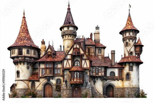 Fairytale castle, stone, towers, red roofs, aged.