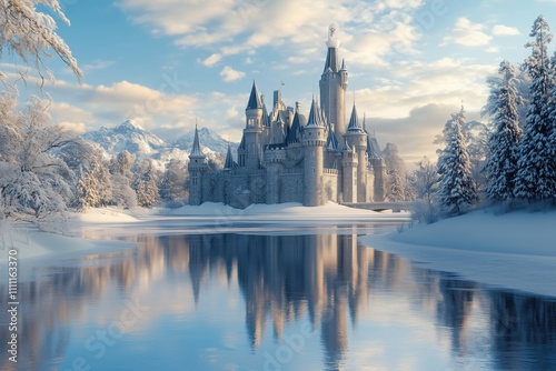 Fairytale castle with snow-covered towers at a frozen lake