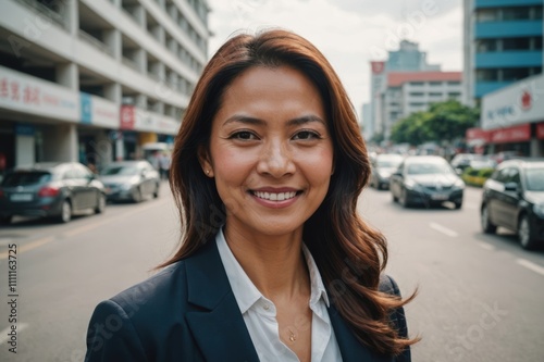 Close portrait of a smiling 40s Bruneian businesswoman looking at the camera, Bruneian big city outdoors blurred background