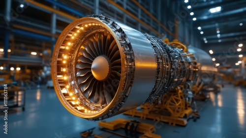 A detailed close-up image of an intricate airplane engine, brilliantly lit, showcasing advanced engineering and technology in a modern industrial workshop.