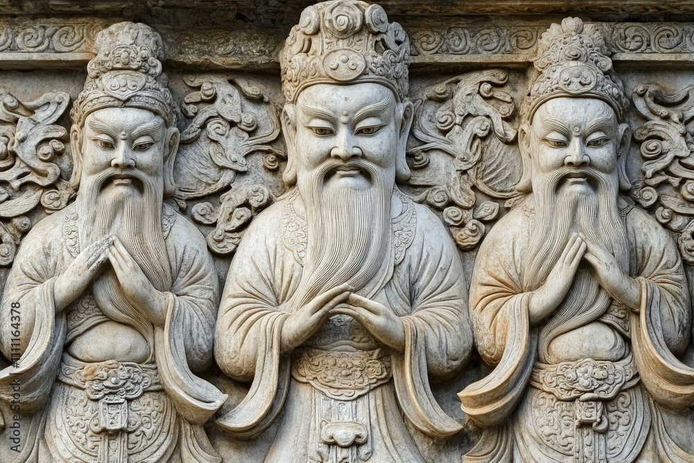 Stone relief carving, three serene figures, praying pose. Stone relief carving, three serene figures, praying pose.