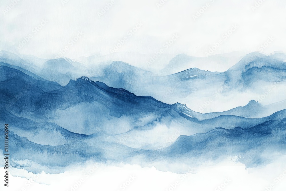 Blue abstract landscape; misty mountains, watercolor painting. Blue abstract landscape; misty mountains, watercolor painting.