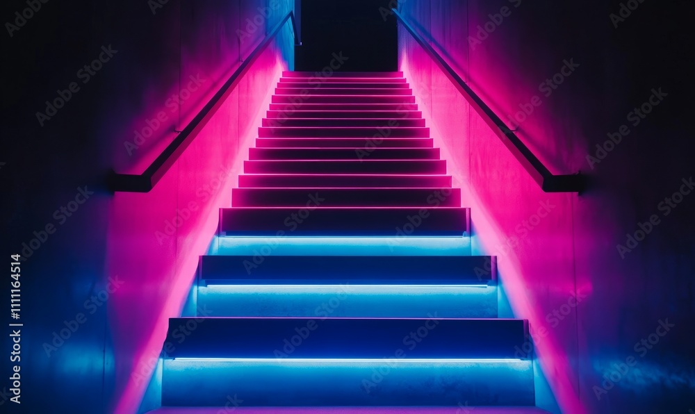 A modern staircase illuminated with vibrant pink and blue neon lights against a minimalistic background A modern staircase illuminated with vibrant pink and blue neon lights against a minimalistic background