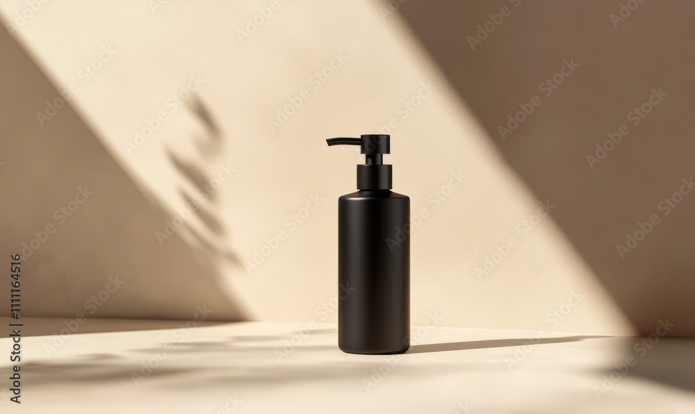 A sleek, minimalist black bottle with a pump dispenser against a clean, neutral background, exemplifying modern elegance and simplicity.