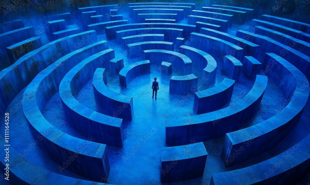 A solitary figure navigates a blue maze, symbolizing challenges and pathways in life A solitary figure navigates a blue maze, symbolizing challenges and pathways in life