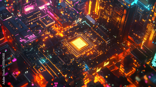 Artistic Depiction of a Virtual AI Chip Radiating Light on a Neon Glowing Motherboard with Complex Connections