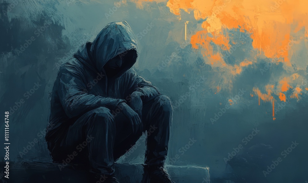 A solitary figure in a hooded jacket sits pensively against a stormy, abstract background, evoking a sense of melancholy and contemplation. A solitary figure in a hooded jacket sits pensively against a stormy, abstract background, evoking a sense of melancholy and contemplation.