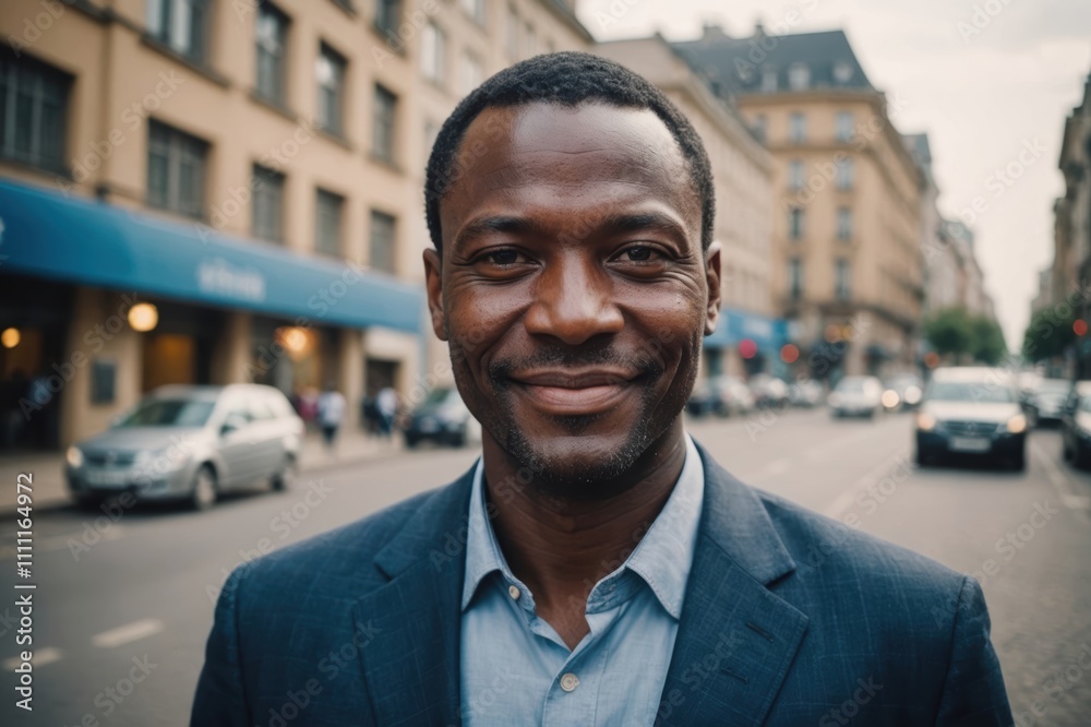 Close portrait of a smiling 40s Central African businessman looking at the camera, Central African big city outdoors blurred background Close portrait of a smiling 40s Central African businessman looking at the camera, Central African big city outdoors blurred background