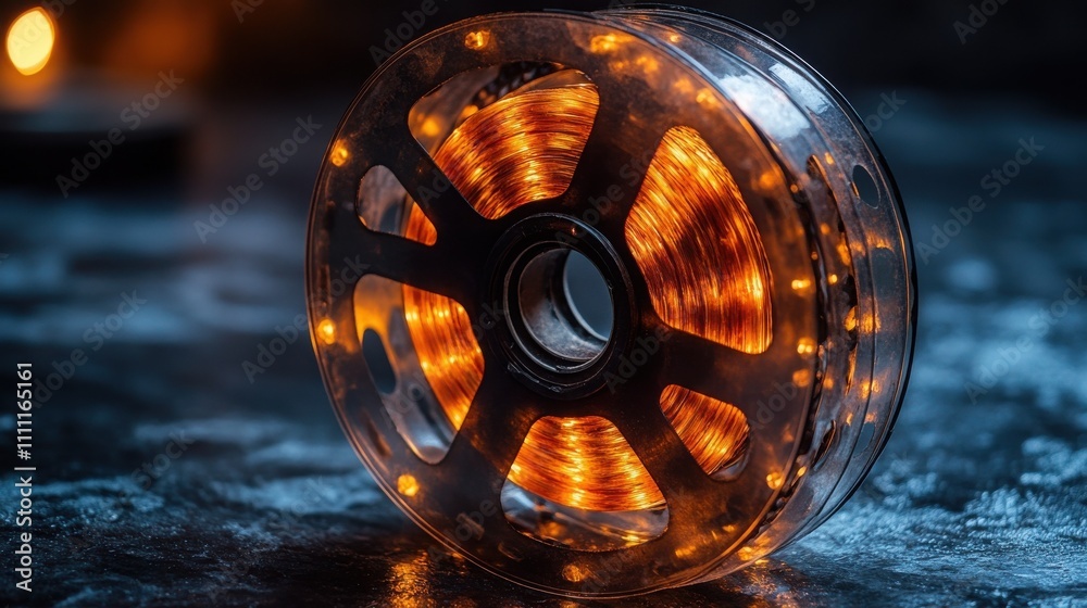 Close-up of a reel of warm-toned LED string lights. The warm glow contrasts beautifully with the dark background, creating a captivating image. Close-up of a reel of warm-toned LED string lights. The warm glow contrasts beautifully with the dark background, creating a captivating image.
