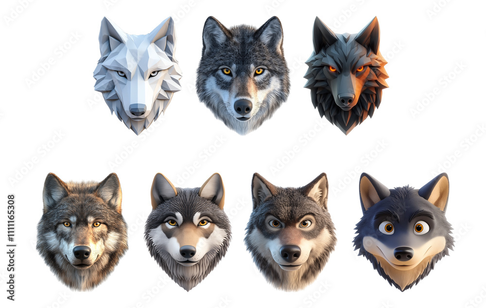 Pack Wolf face set against transparent background for playful and illustrative designs Pack Wolf face set against transparent background for playful and illustrative designs