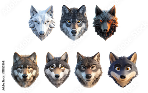 Pack Wolf face set against transparent background for playful and illustrative designs photo