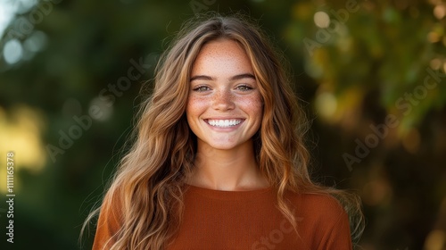 A young freckled woman with long wavy hair smiles warmly, amidst an autumnal background. Her content expression radiates serenity and simplicity.