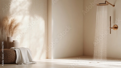 A bathroom with a shower and a vase of flowers