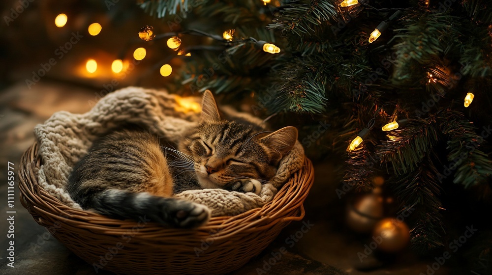A cozy kitten sleeps peacefully in a basket near a beautifully lit Christmas tree. A cozy kitten sleeps peacefully in a basket near a beautifully lit Christmas tree.
