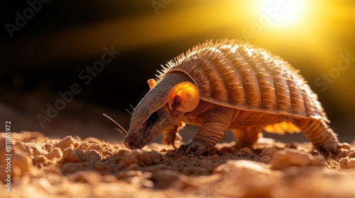 A lone armadillo walking under a golden sky with a sunflare, embodying resilience, survival, and the harmony of wildlife with a warm sunlight ambiance. photo