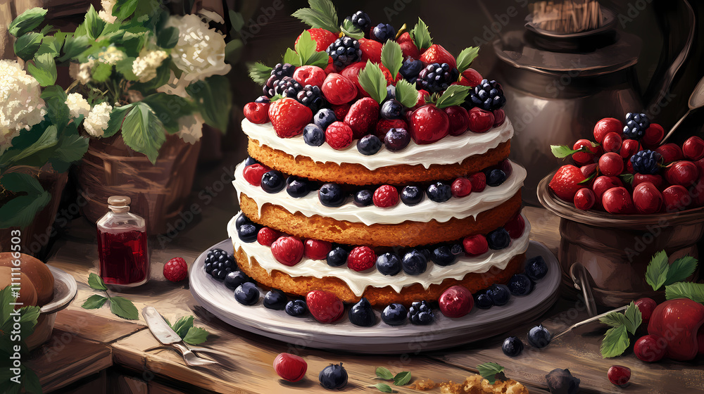 A high-quality photo of a naked cake layered with cream and fresh fruits, styled in a rustic setting. Rustic. Illustration A high-quality photo of a naked cake layered with cream and fresh fruits, styled in a rustic setting. Rustic. Illustration