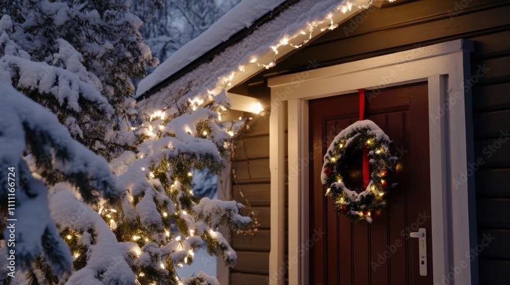 Obraz premium Cozy Scandinavian-style house in Stockholm, Sweden, with snow-covered roof, red door wreath, twinkling white lights, surrounded by snow-dusted trees and festive decor.