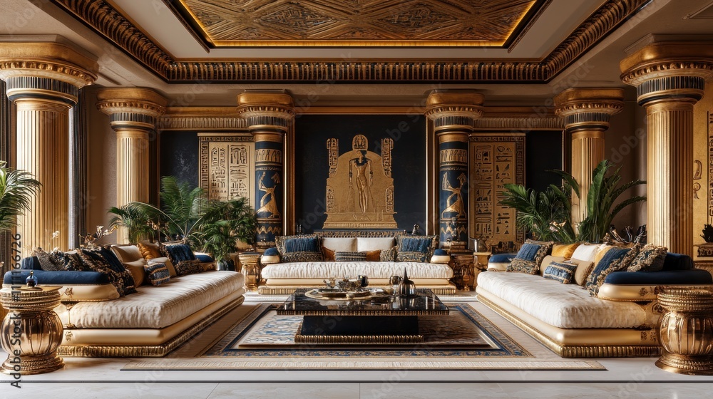 Luxurious Egyptian-themed living room with gold accents, plush seating, and hieroglyphic wall art. Luxurious Egyptian-themed living room with gold accents, plush seating, and hieroglyphic wall art.
