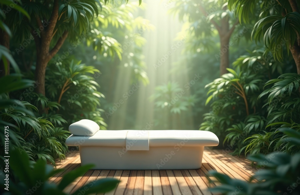 Ultra modern spa setting in rich jungle. White massage bed stands on wooden deck surrounded by green plants. Sunlight streams through tropical foliage. Tranquil, peaceful scene. Eco friendly design. Ultra modern spa setting in rich jungle. White massage bed stands on wooden deck surrounded by green plants. Sunlight streams through tropical foliage. Tranquil, peaceful scene. Eco friendly design.
