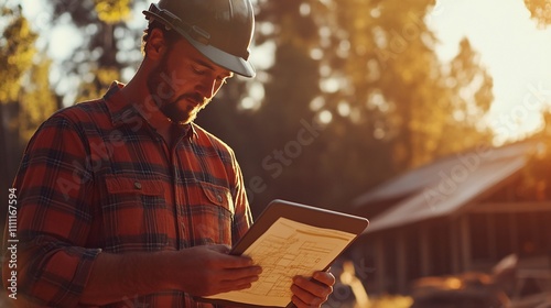 A construction worker reviews plans on a tablet in a forested area during sunset.