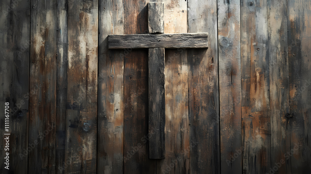 A weathered wooden cross hangs against a backdrop of rustic wood planks, bathed in ethereal light, evoking a sense of faith and hope. Rustic. Illustration A weathered wooden cross hangs against a backdrop of rustic wood planks, bathed in ethereal light, evoking a sense of faith and hope. Rustic. Illustration