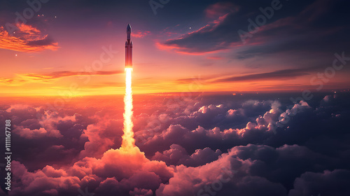 Epic Rocket Journey Through Stunning Vibrant Sunset Skies Leaving a Spectacular Fiery Trail Melting into a Sea of Clouds as it Blasts into the Cosmos.