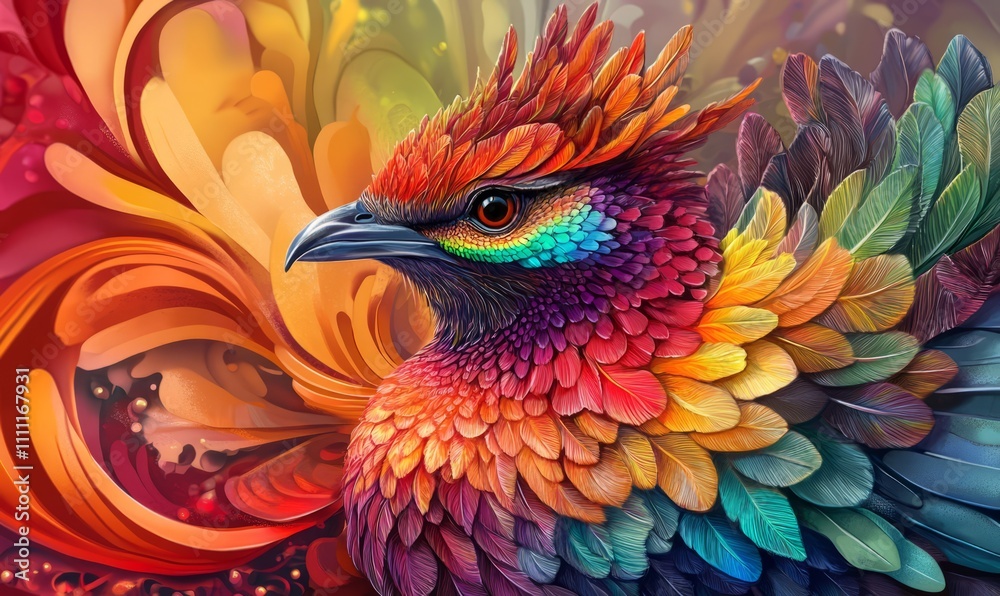 A vibrant and intricately detailed bird with a colorful array of feathers, showcasing a blend of artistic and realistic elements. A vibrant and intricately detailed bird with a colorful array of feathers, showcasing a blend of artistic and realistic elements.
