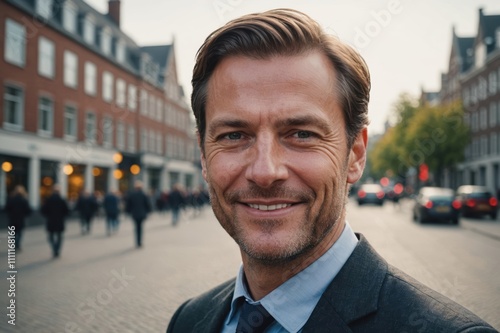 Close portrait of a smiling 40s Dutch businessman looking at the camera, Dutch big city outdoors blurred background