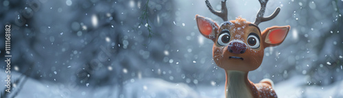 3D Cute Reindeer in Snowy Jungle, Ai Generated